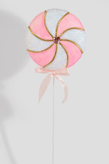 27" Glitter/Tinsel/Beaded Swirl Lollipop Pink/White