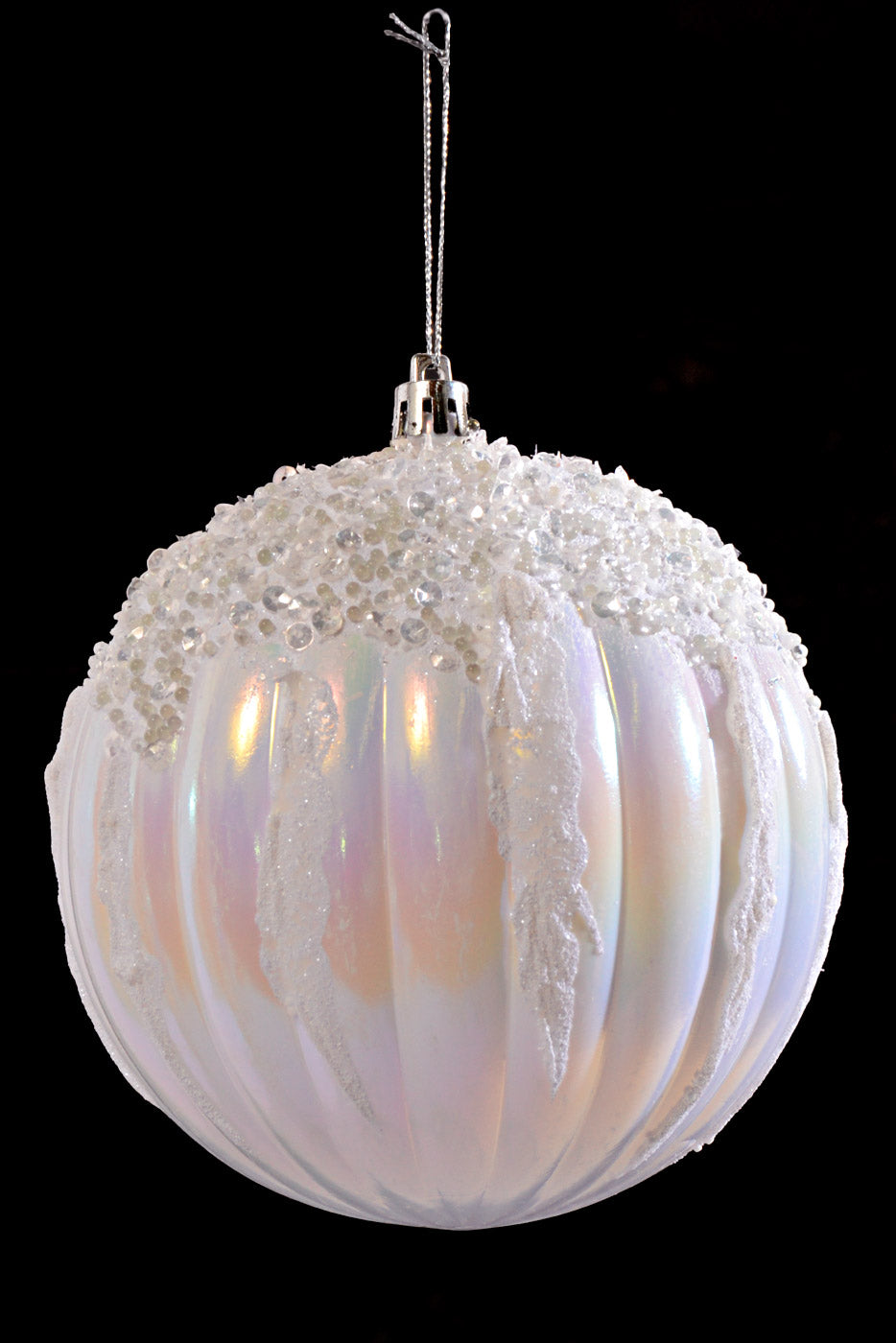 120MM Plastic Iridescent Ball Ornament W/Snow/Sequin White Box/2