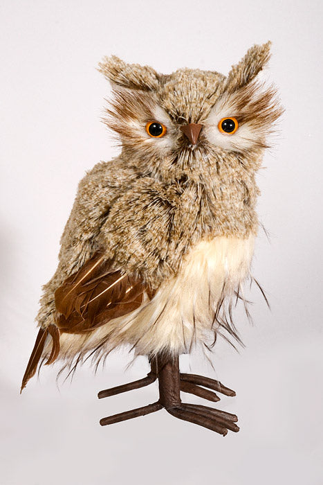 12.5" Winter Chalet Feather Owl W/Ears Natural Cream