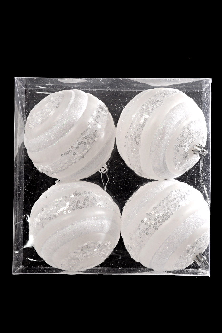 100MM Plastic Ball W/Glitter/Sequin Ornament White Box/4