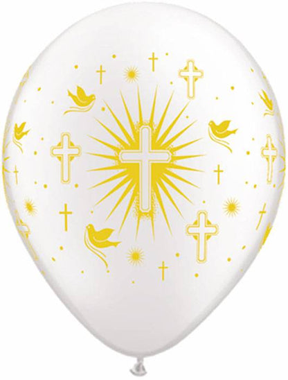 11" Round Latex Balloon Cross &amp; Doves White/gold Pkg/100