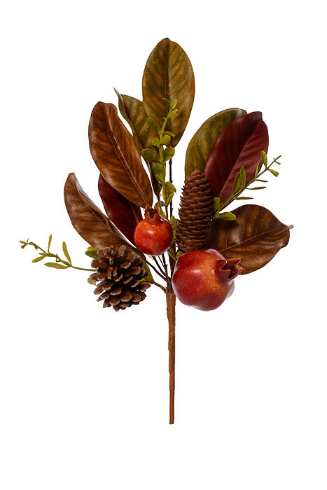 16" Pomegranate Cone Magnolia Leaf Spray Brown/Green
