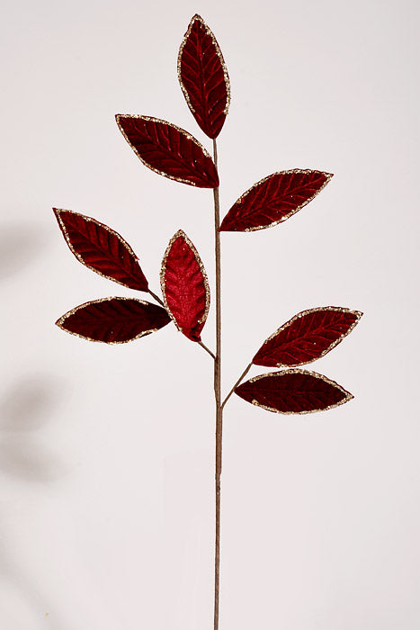 28" Velvet Glitter Leaf Sprays Burgundy