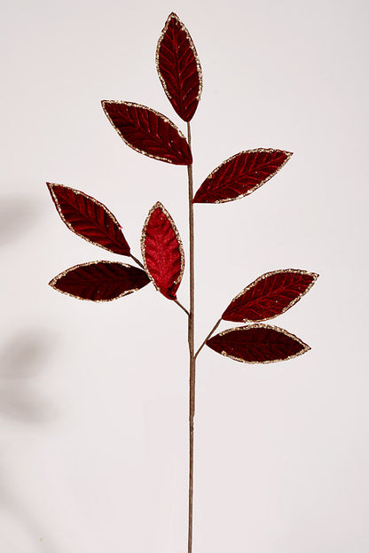 28" Velvet Glitter Leaf Sprays Burgundy
