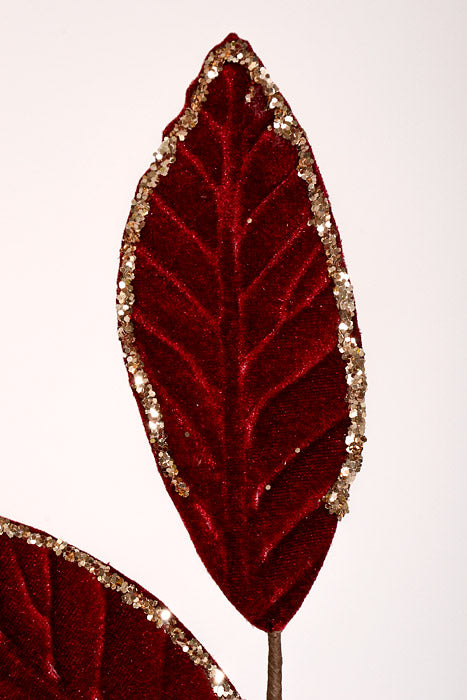 28" Velvet Glitter Leaf Sprays Burgundy