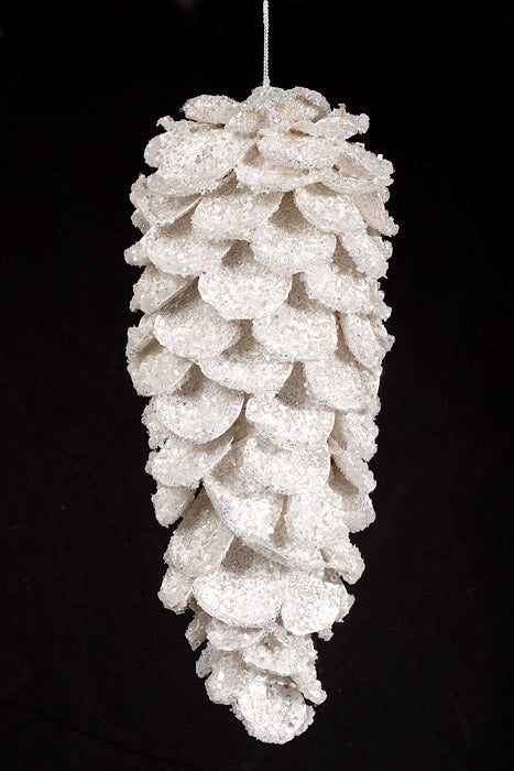 11.5" Iced with Glitter Jewel Pinecone Ornament White