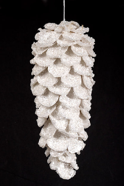 11.5" Iced with Glitter Jewel Pinecone Ornament White