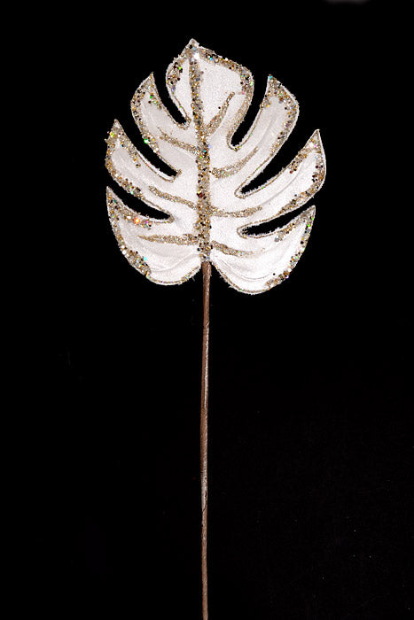 32" Iced Winter Monstera Leaf Stem Ivory/Champagne
