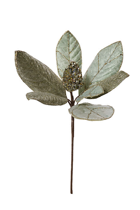 18" Magnolia Pod Jewel Glitter Stem Platinum Mint
