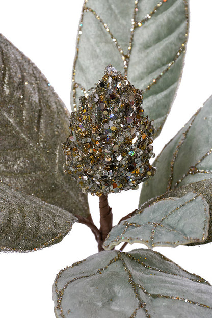 18" Magnolia Pod Jewel Glitter Stem Platinum Mint