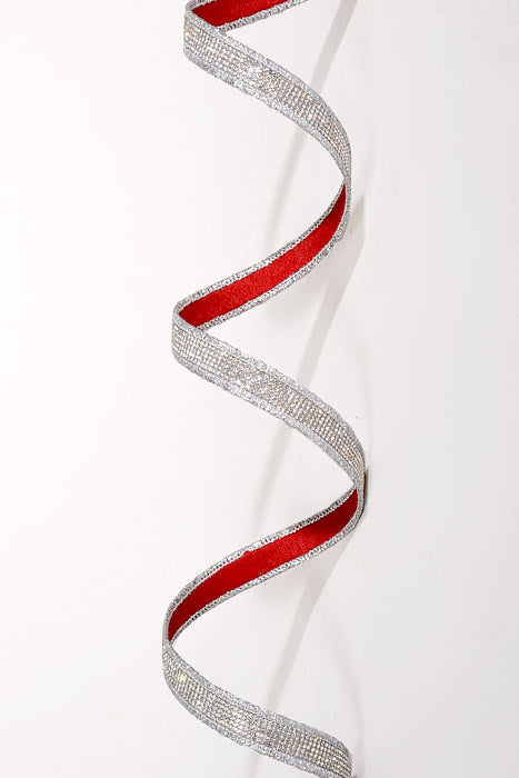 1" x 5Yds Luxury Satin Red Back Jeweled Ribbon Silver