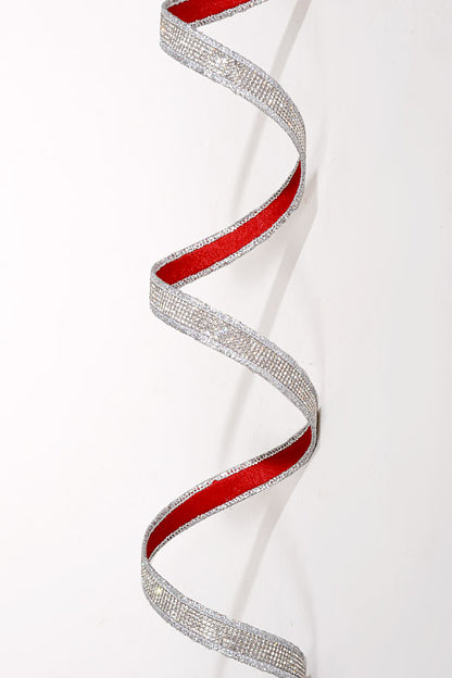 1" x 5Yds Luxury Satin Red Back Jeweled Ribbon Silver
