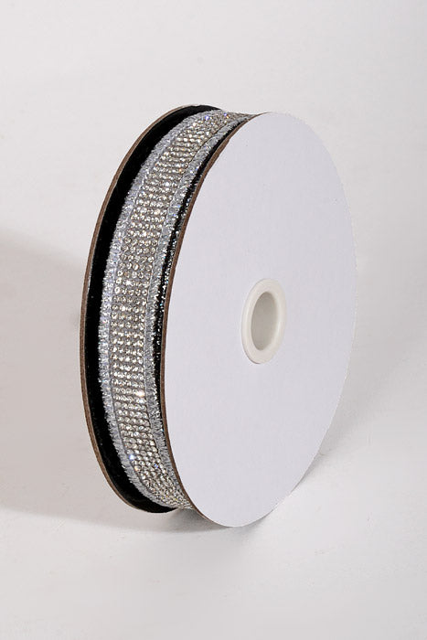 1" x 5Yds Luxury Satin Red Back Jeweled Ribbon Silver