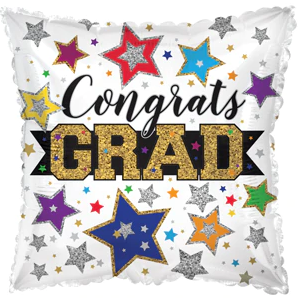 17" Pillow Foil Balloon Congrats Grad Glitter Starts White/Gold Pkg/10