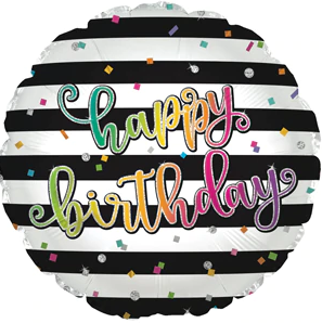 17" Round Foil Balloon Happy Birthday Black Stripes Pkg/10