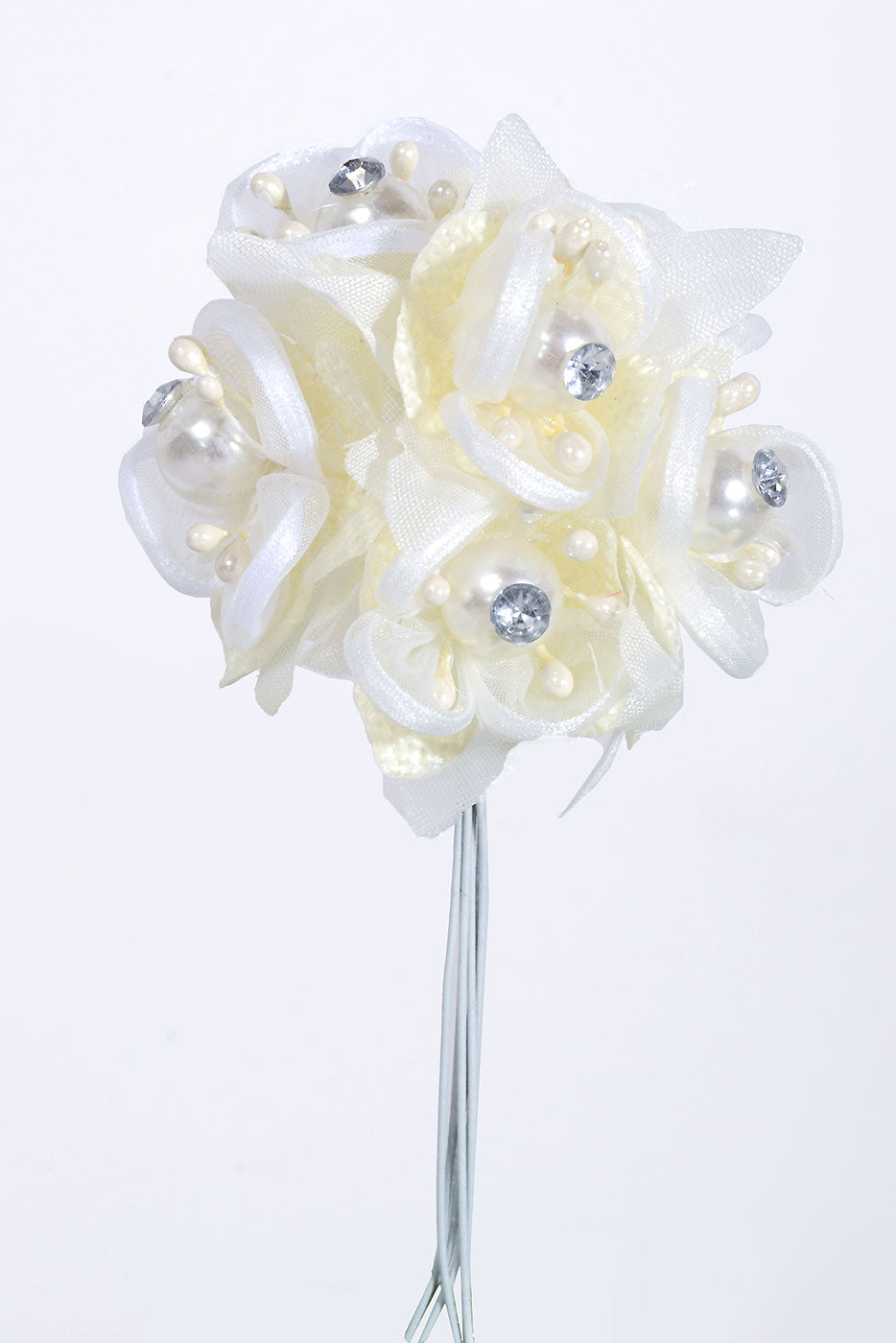 4" Organza Flower Pick W/Pearl &amp; Rhinestone Ivory Pkg/12