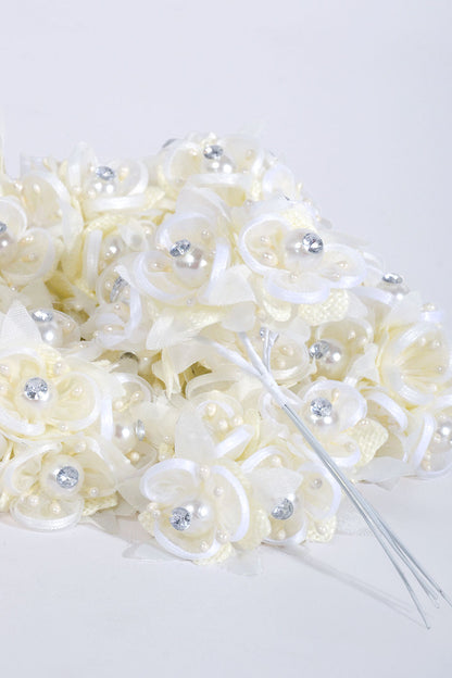 4" Organza Flower Pick W/Pearl &amp; Rhinestone Ivory Pkg/12