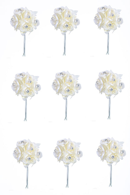 4" Organza Flower Pick W/Pearl &amp; Rhinestone Ivory Pkg/12