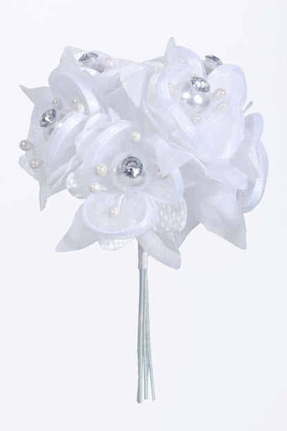 4" Organza Flower Pick W/Pearl &amp; Rhinestone White Pkg/12
