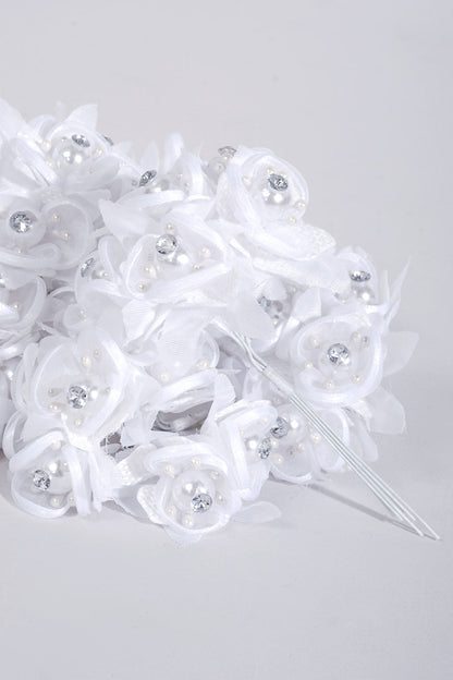 4" Organza Flower Pick W/Pearl &amp; Rhinestone White Pkg/12