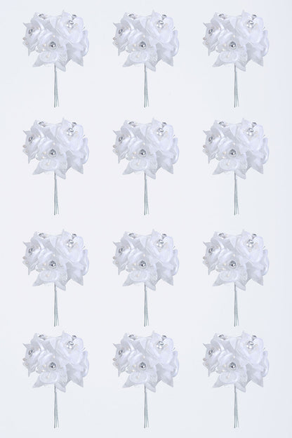 4" Organza Flower Pick W/Pearl &amp; Rhinestone White Pkg/12