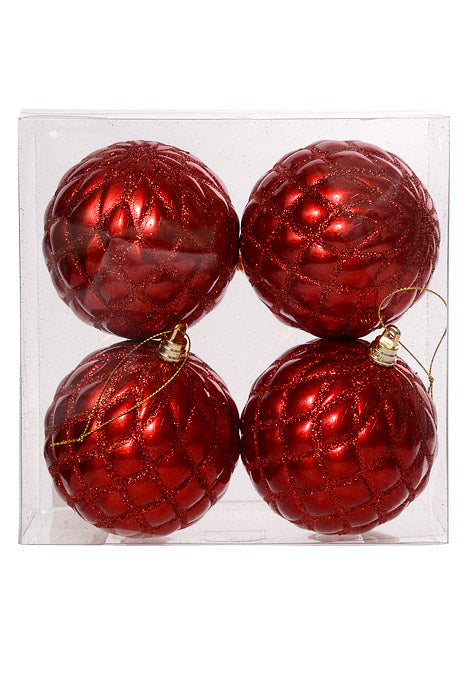 100Mm Design Ornament Ball With Glitter Red Pkg/4