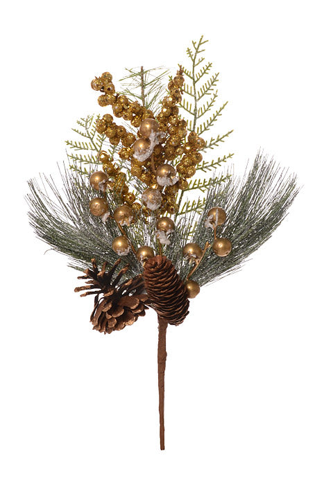 16.5" Metallic Waterproof Berry Pinecone Spray (Gold/Green)