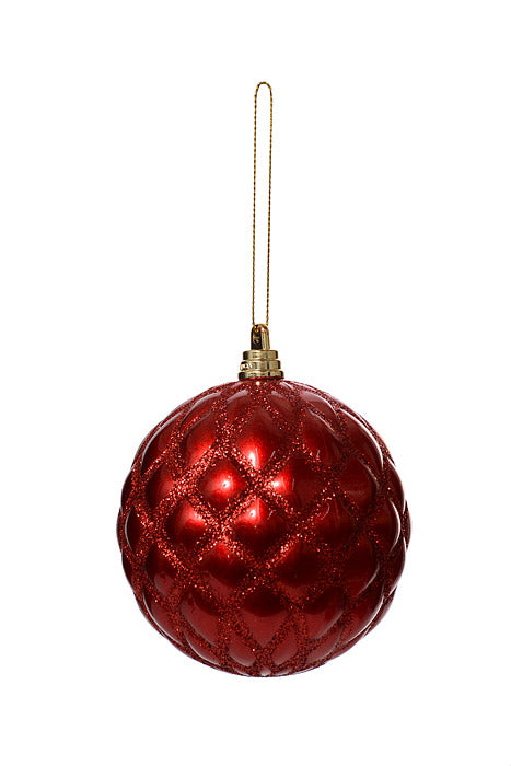 100Mm Design Ornament Ball With Glitter Red Pkg/4