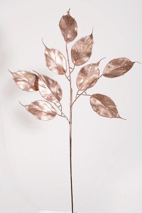 22" Glittered Ficus Leaf Spray Rose Gold Pkg/6