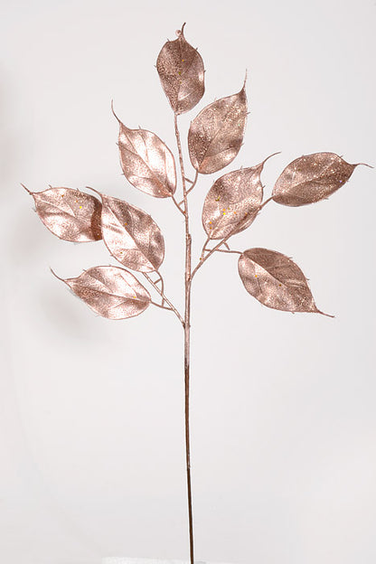 22" Glittered Ficus Leaf Spray Rose Gold Pkg/6