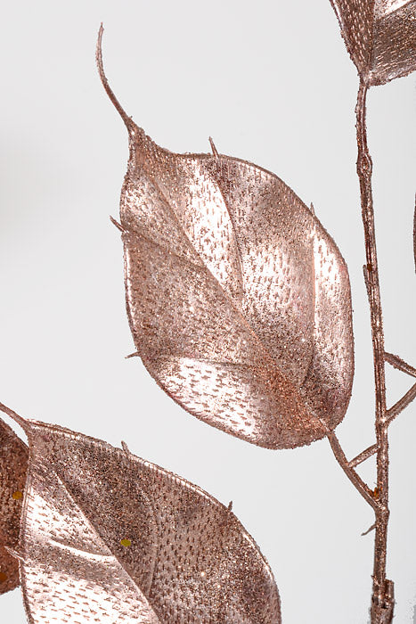 22" Glittered Ficus Leaf Spray Rose Gold Pkg/6