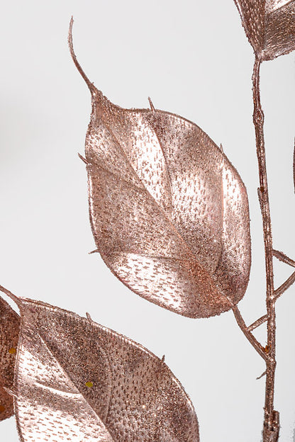22" Glittered Ficus Leaf Spray Rose Gold Pkg/6