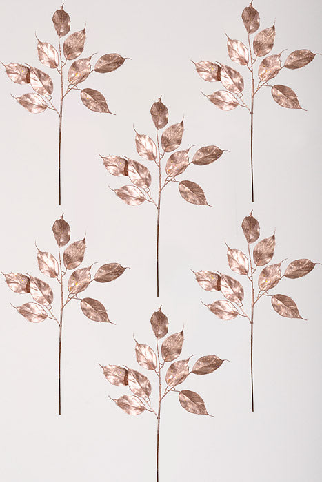 22" Glittered Ficus Leaf Spray Rose Gold Pkg/6