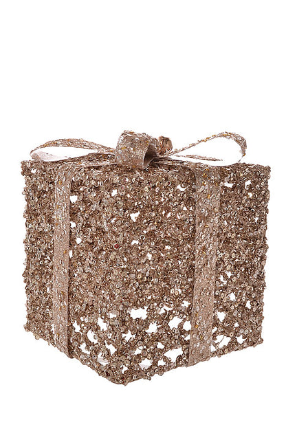 6"/8" Metal Gift Box Glitter With Bow Pink/Champagne Set/2