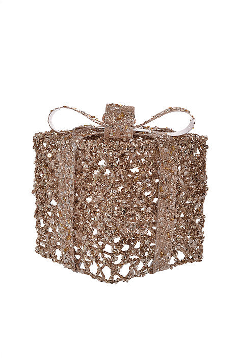 6"/8" Metal Gift Box Glitter With Bow Pink/Champagne Set/2