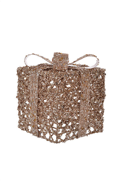 6"/8" Metal Gift Box Glitter With Bow Pink/Champagne Set/2