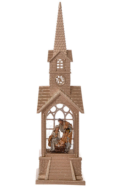 16" Led Battery Timer Nativity Church Water Globe Champagne