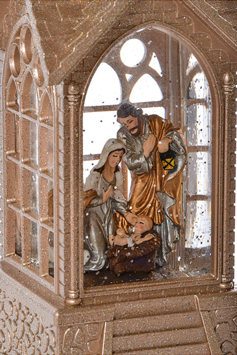 16" Led Battery Timer Nativity Church Water Globe Champagne