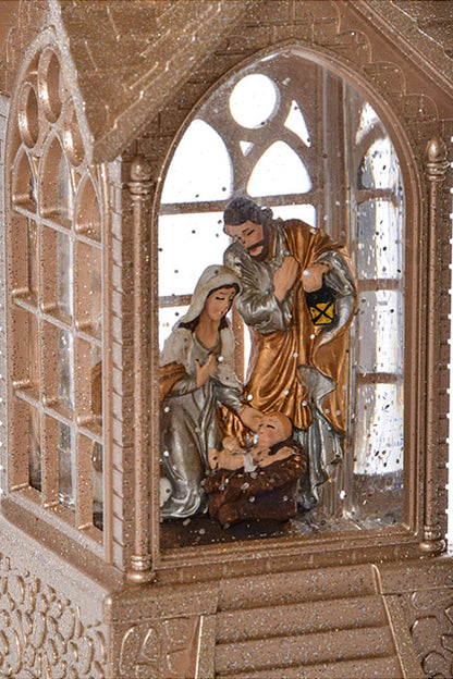 16" Led Battery Timer Nativity Church Water Globe Champagne