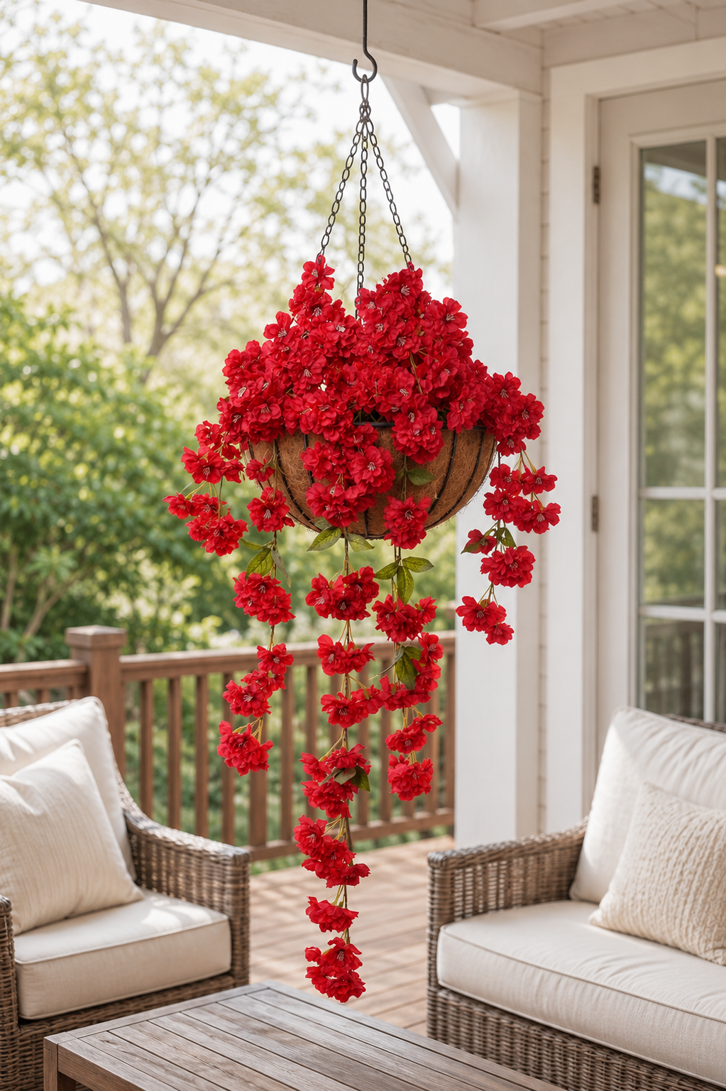 39" Silk Peach Blossom Hanging Bush Red