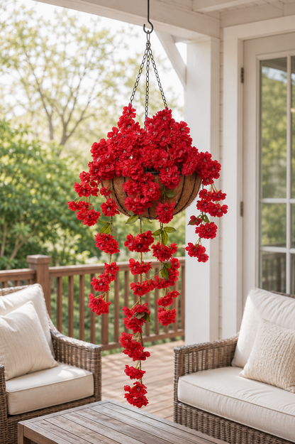 39" Silk Peach Blossom Hanging Bush Red