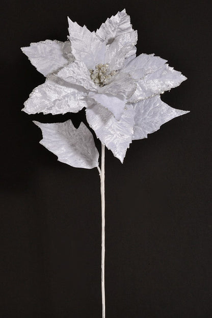 23" Velvet Poinsettia with Glitter Stem White