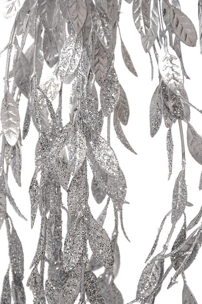 34" Glitter Leaf Hanging Spray Silver