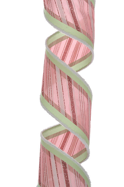 4" X 10Yds Wired Green Back Peppermint Stripe Ribbon White/Green/Pink