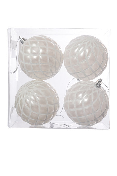 100Mm Design Ball With Glitter Ornament White Pkg/4