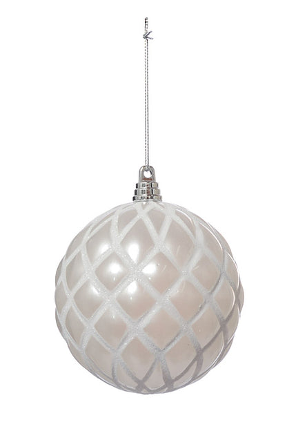 100Mm Design Ball With Glitter Ornament White Pkg/4