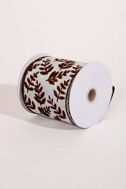 4" X 10Yds Wired Satin Flocked Fern Brach Ribbon White/Brown