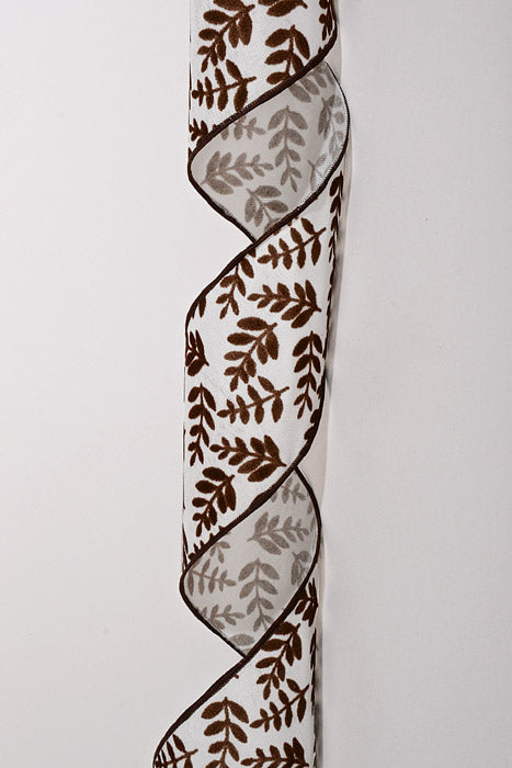 4" X 10Yds Wired Satin Flocked Fern Brach Ribbon White/Brown