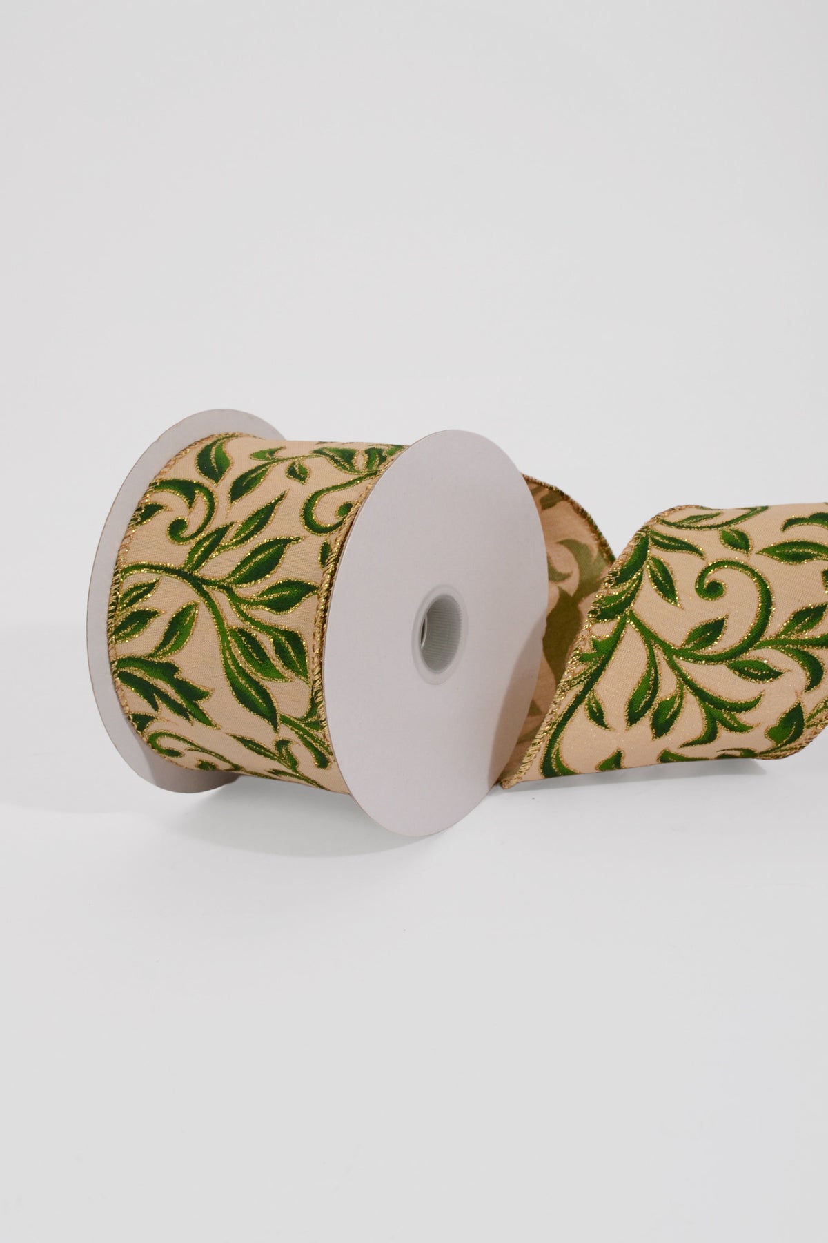 2.5" X 10Yds Wired Gold Dupioni/Dark Green Vine Swirls Ribbon