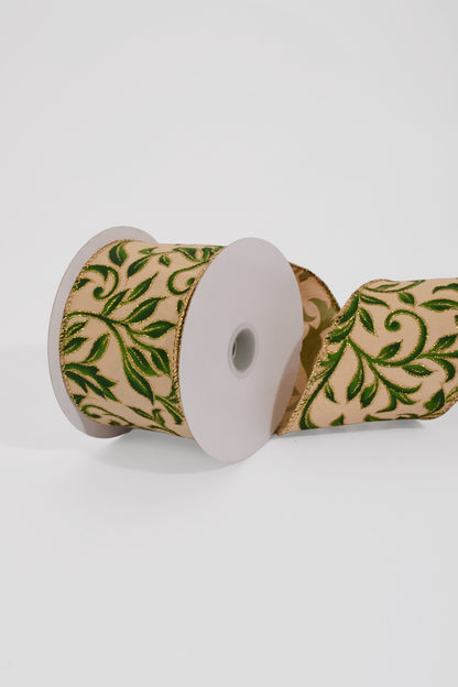 2.5" X 10Yds Wired Gold Dupioni/Dark Green Vine Swirls Ribbon